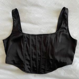 Black satin corset top with zipper closure